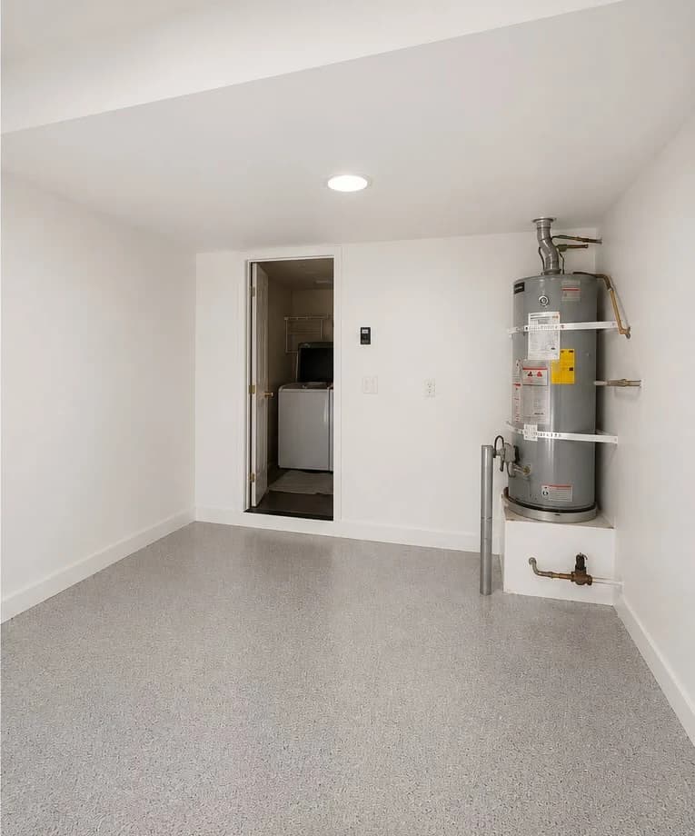 Las Vegas garage after repair: finished ceiling with recessed light, water heater in place and a new grey epoxy floor