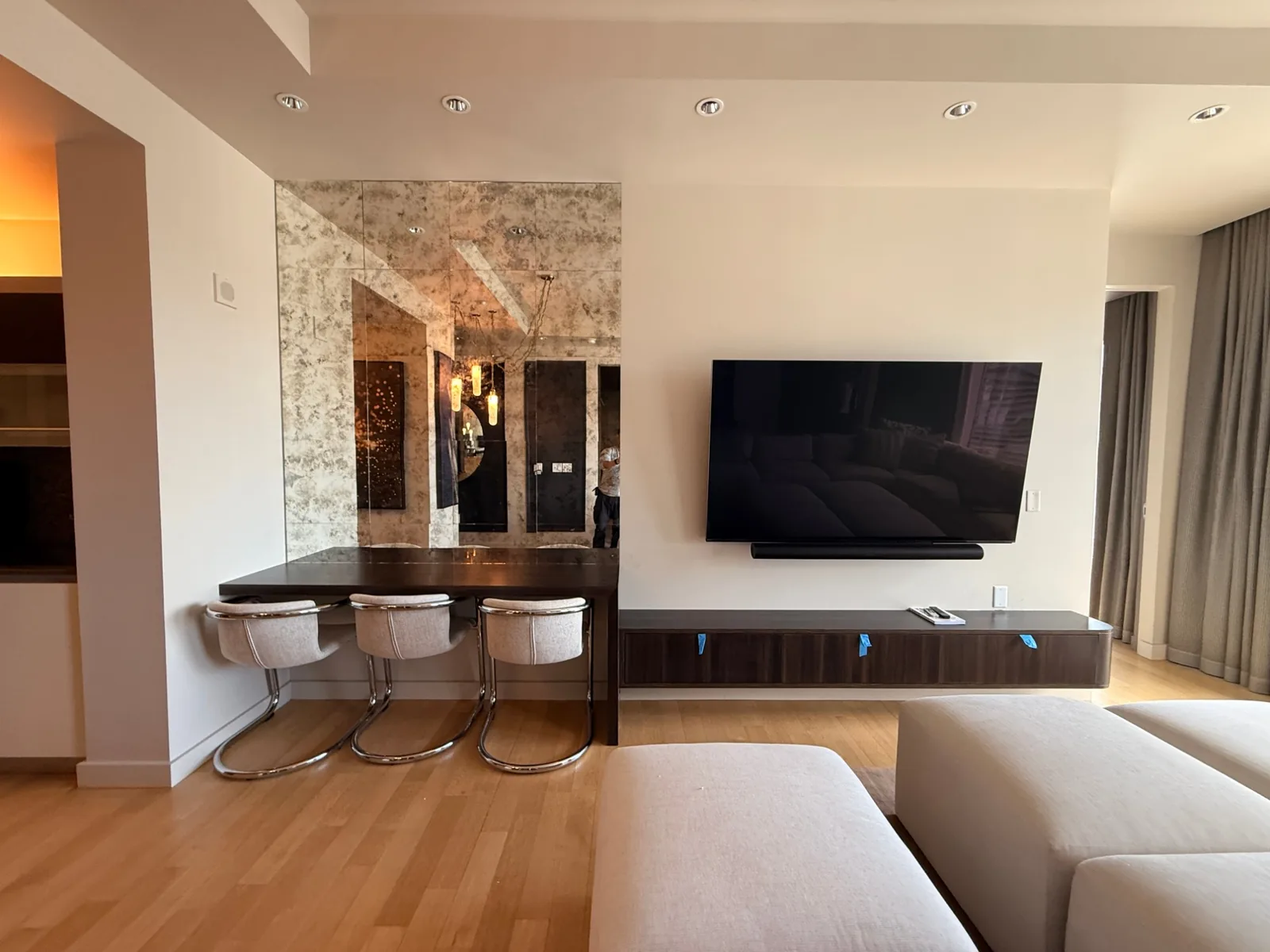 Mid-install, tape still on — Strip-view residence · Las Vegas