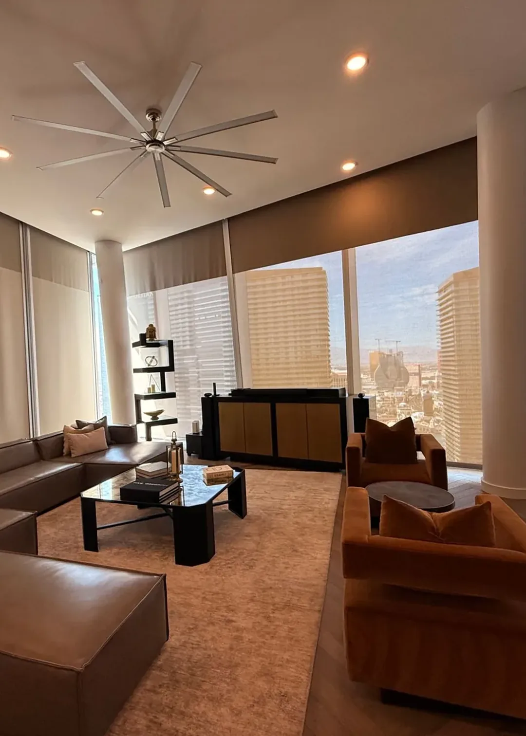 A ceiling fan and the towers behind it
