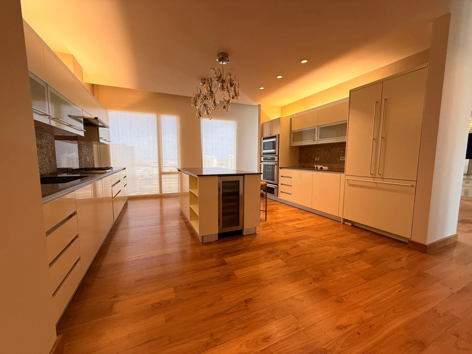 Island, wine fridge and light